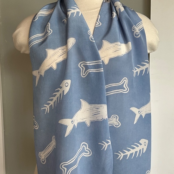 Handpainted Silk Scarf Bonefish and Bones on Hand-dyed Blue Crepe - Picture 6 of 6
